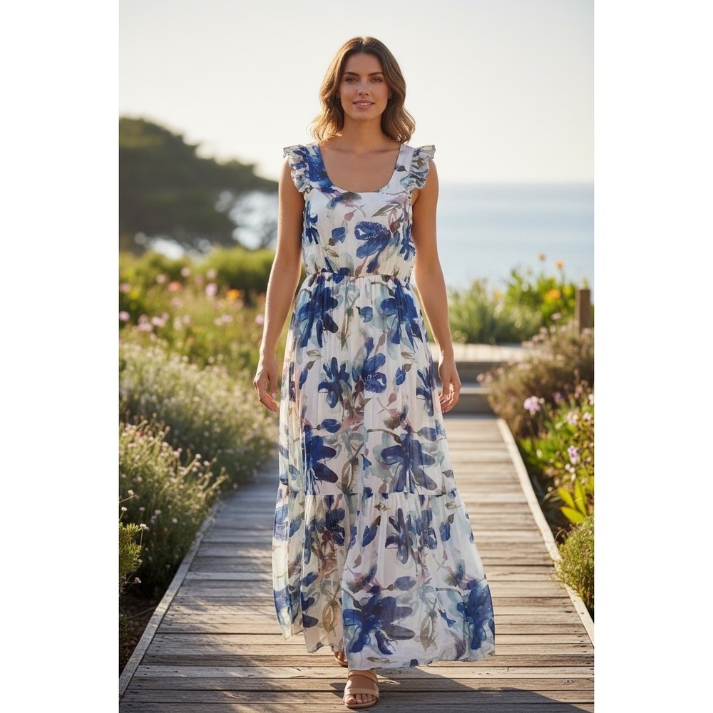 Le Ragazze Italy Silk Blend Floral Maxi Dress L Boho Blue White Ruffle Sleeve